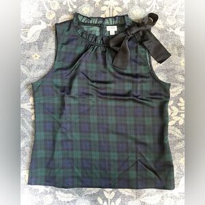 J. Crew Green and Blue Plaid Sleeveless Bow Front Blouse